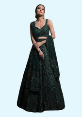 Net Sequins Work Lehenga Choli In Dark Green Colou