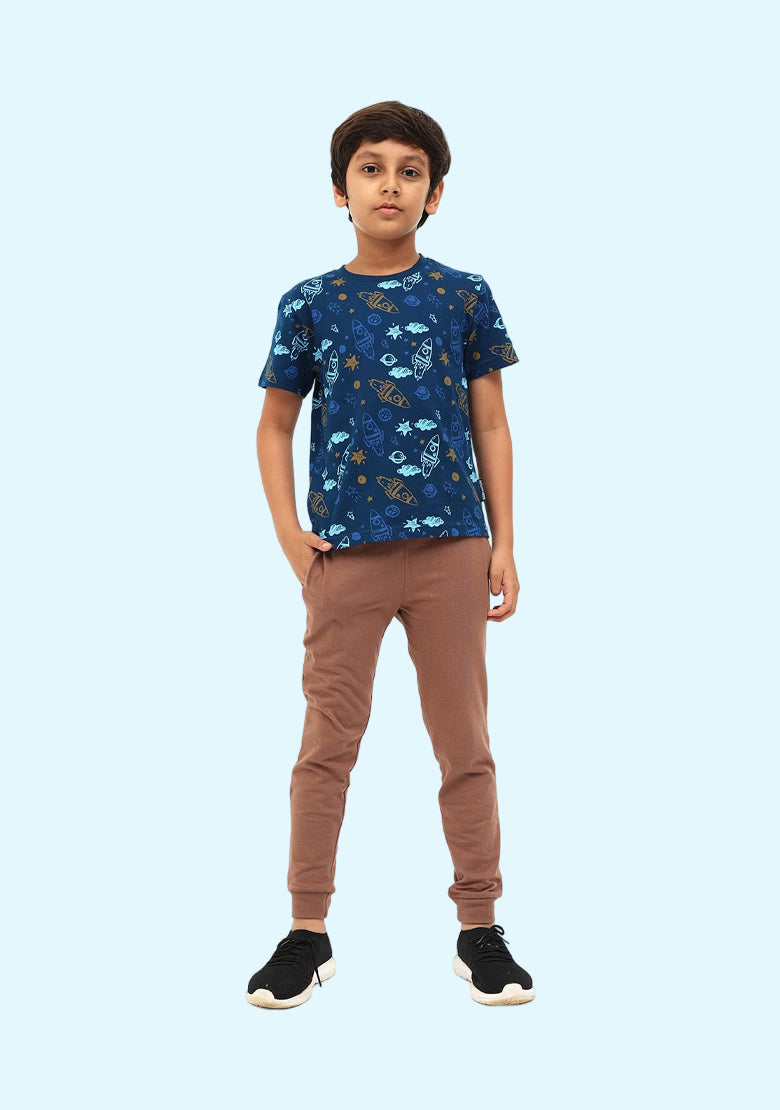 Rocket Space Print T-Shirt with Brown Pants