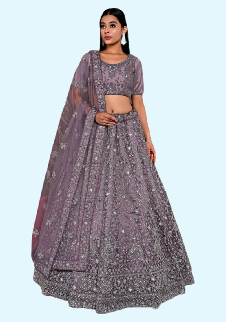 Women's Net Embroidered Semi-Stitched Lehenga Choli And Dupatta Set