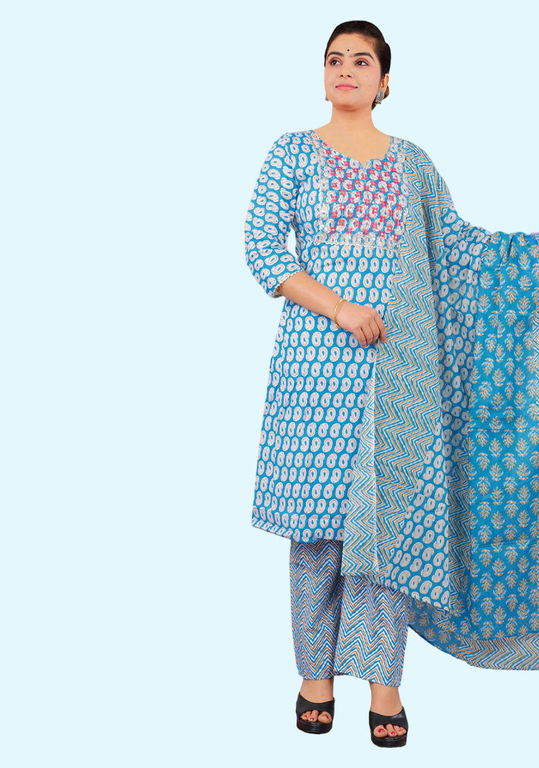 Women Pure Cotton Kurta Pant Dupatta Set