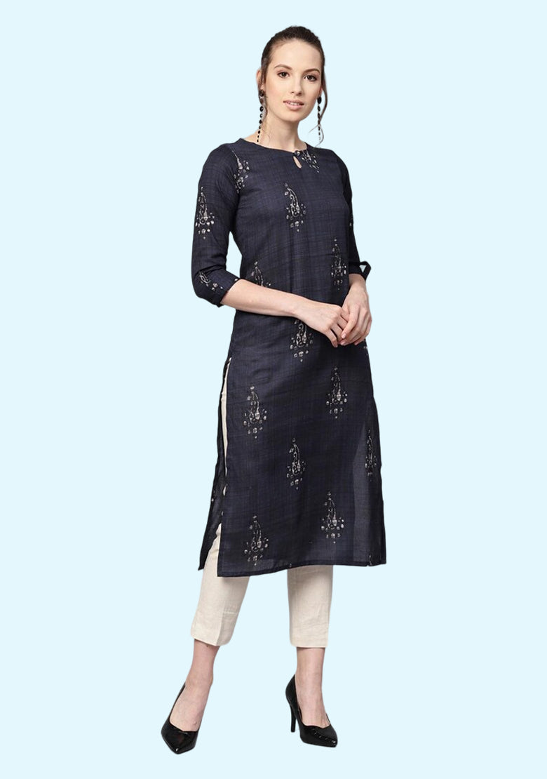 Women Floral Print Viscose Rayon Straight Kurta (Dark Blue)