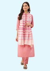 Pink Collar Neck Striped Liva 3 Piece Setkurta+pant+dupatta