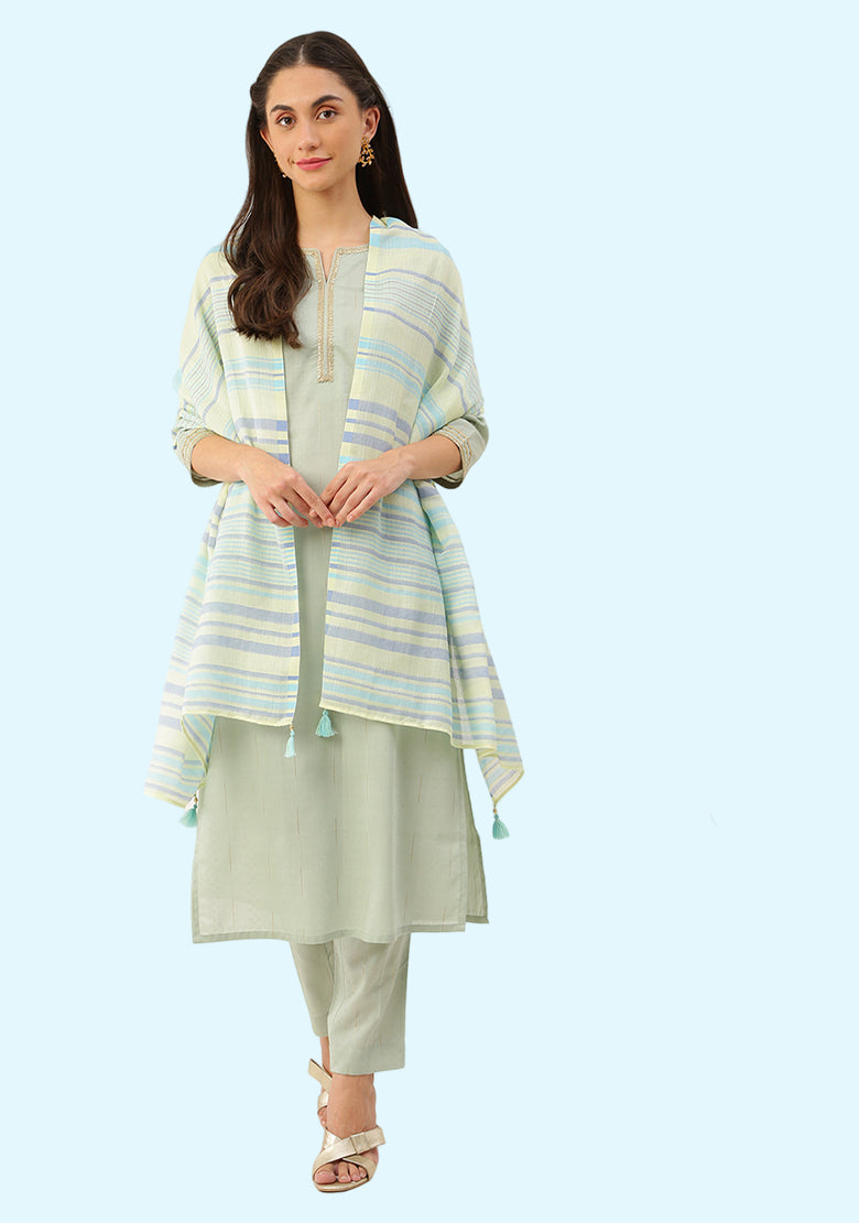 Mintgreen Notch Neck Striped Liva 3 Piece Setkurta+pant+dupatta