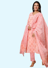 Pink Floral Print Kurta, Trouser/Pant & Dupatta Set