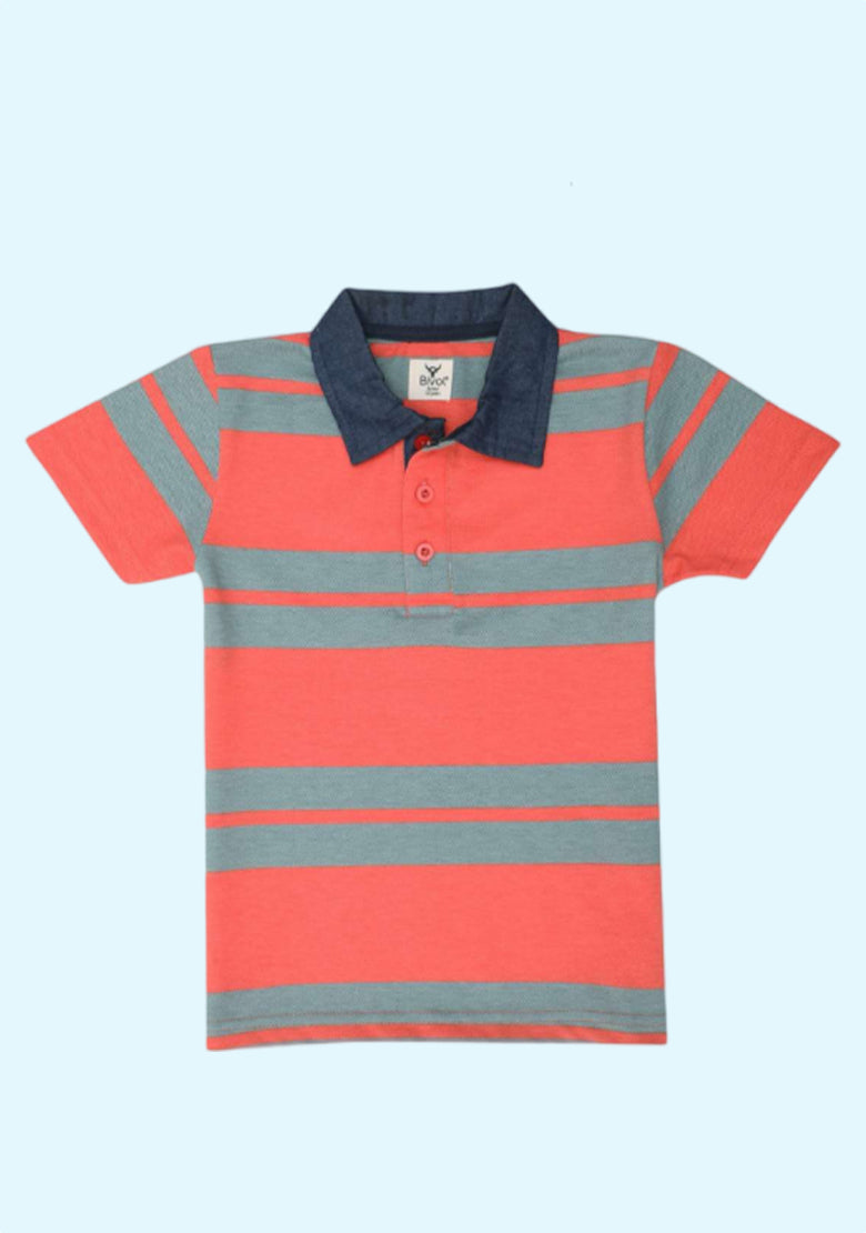 Boys Striped Pure Cotton T Shirt  (Orange, Pack Of 1)