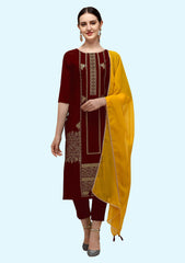 Women's Cotton Silk Banarasi Woven Embroidery Work Kurta with Pant and Chanderi Silk Dupatta Set