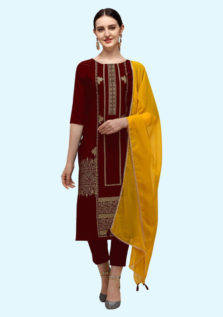 Women's Cotton Silk Banarasi Woven Embroidery Work Kurta with Pant and Chanderi Silk Dupatta Set