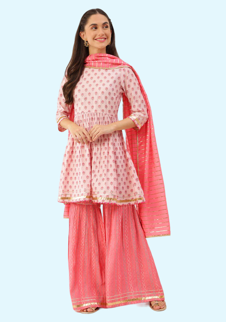 Women’s Chanderi Printed Occasion Wear Kurti and Garara Set-Pink