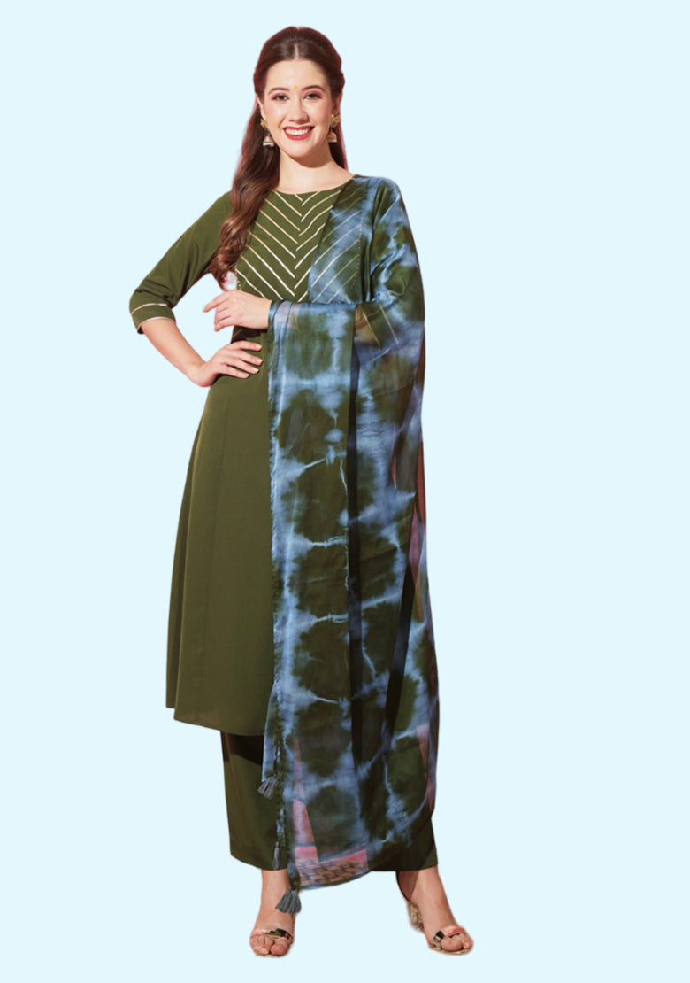 Women's Solid Cotton Blend Straight Embroidered Printed Kurta Trouser with Dupatta Set