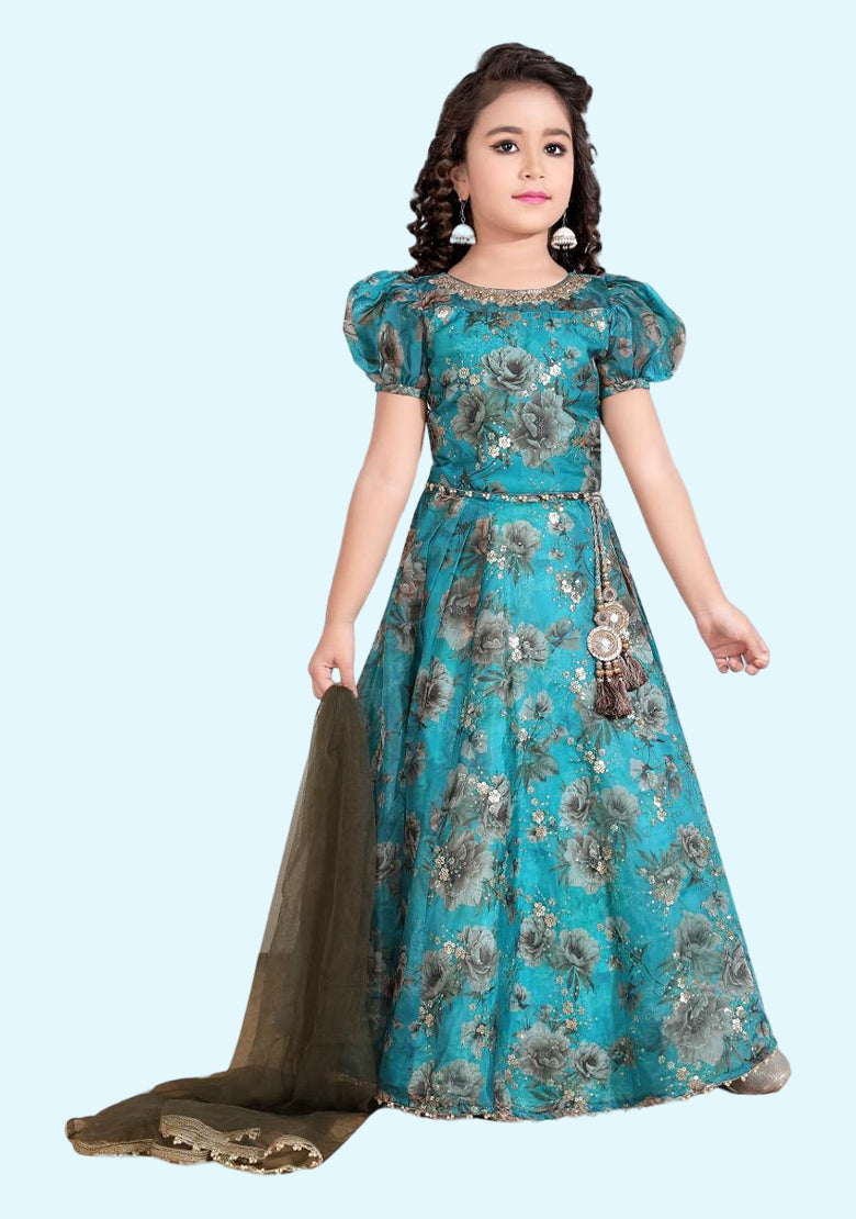 Blue Bandhani Printed & Sequins Embroidery Puff Sleeve Pleated-Style Readymade Frock