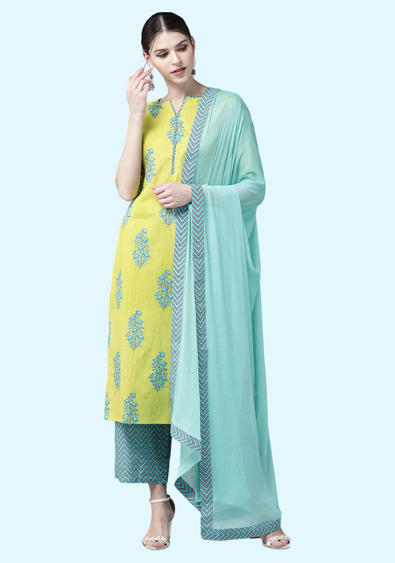 Women's Cotton Blend Straight Printed Kurta with Pant & Dupatta (Pari Green)