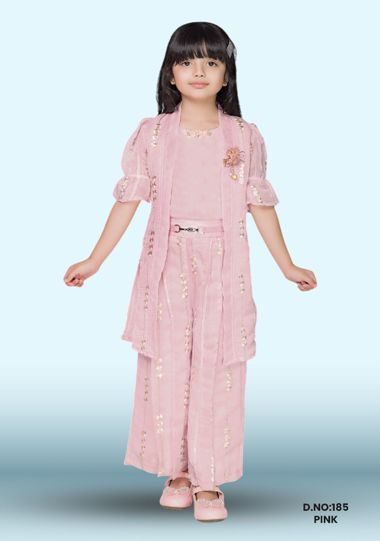 Girls Printed Top & Poncho With Palazzos D.no:185 Pink