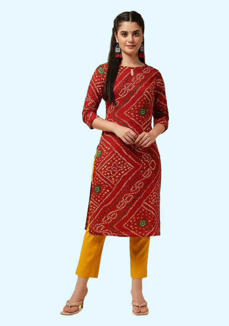 The Fab Factory Women Maroon Geometric Pure Cotton Single Straight Kurta