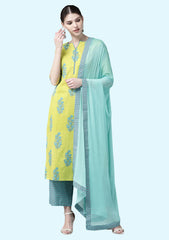 Women's Cotton Blend Straight Printed Kurta with Pant & Dupatta (Pari Green)