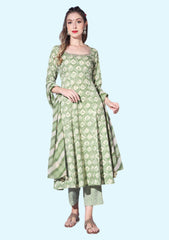 Grab The Fab Women's Parrot Green Poly Rayon Flared Kurta with Pant and Dupatta