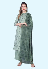 Straight Style Cotton Silk Fabric Kurta with Bottom & Dupatta