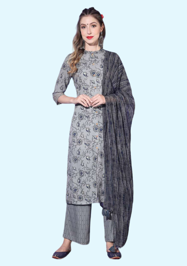 Women's Cotton Blend Printed Straight Kurta Set with Dupatta (1)