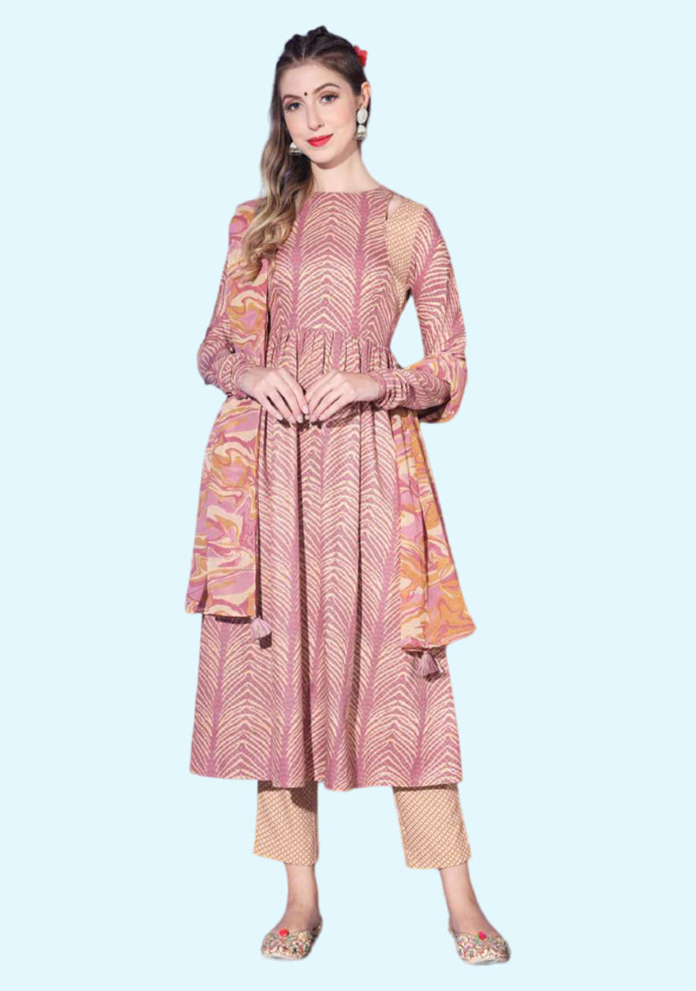 Women's Pink Rayon A-line Kurta Pant and Dupatta