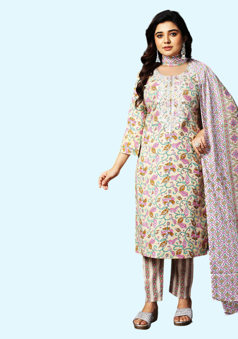 Cotton Kurti With Pant And Cotton Doriya Dupatta