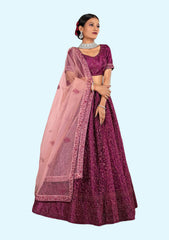 Wine Net Embroidery Work Lehenga Choli With Dupatta