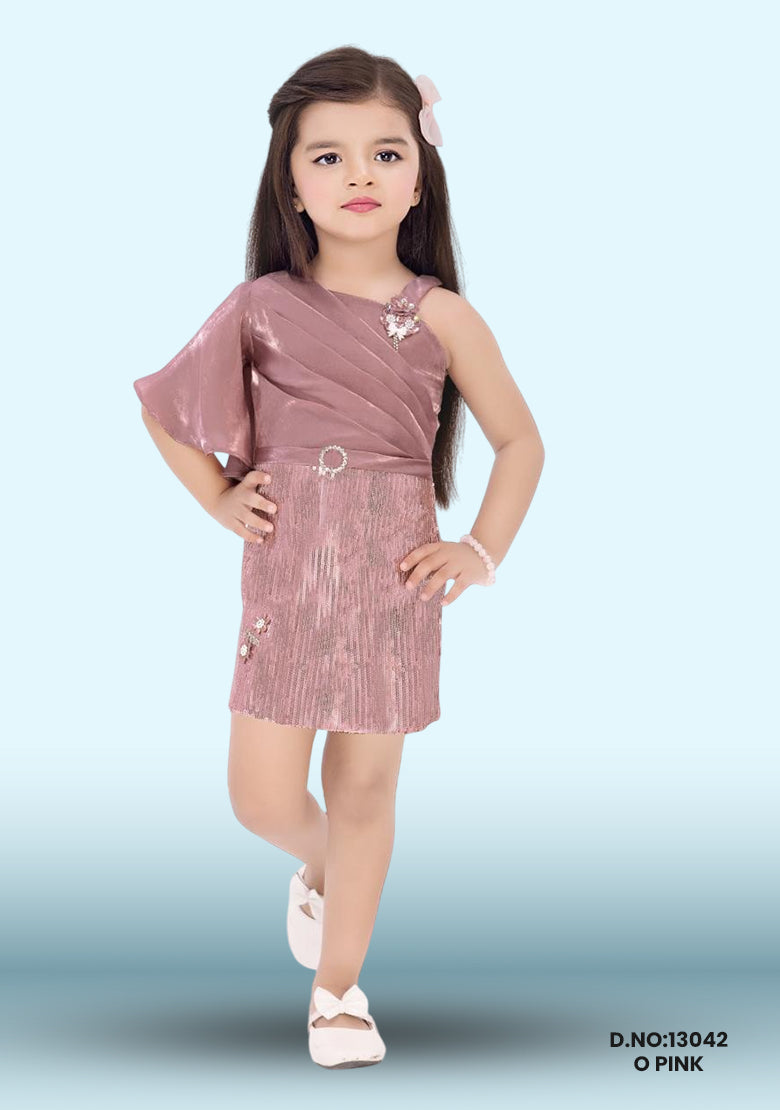 Girls Bow Embellished With Stone Work Party Wear Frock Mauve D.no:13042 O Pink