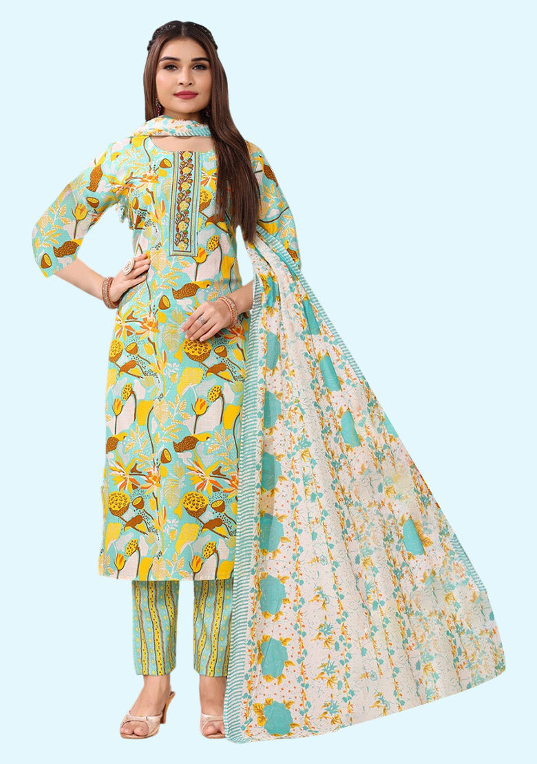 Women's Cotton Blend Straight Printed Kurta with Pant & Dupatta