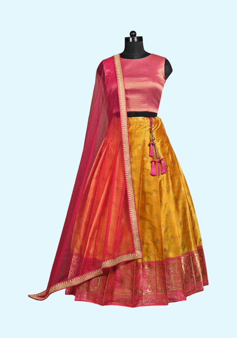 New Traditional Gold and Rani Ethnic Wear for Girls Lehenga with Dupatta