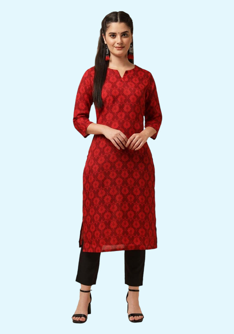 Women Floral Print Cotton Blend Straight Kurta (Red)