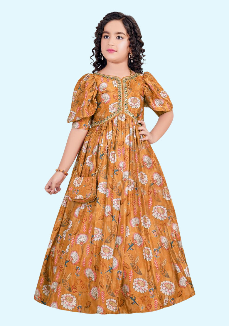 Orange Bandhani Printed Sequins Embroidery Puff Sleeve Pleated-Style Readymade Frock