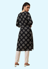 Women Printed Linen Blend Straight Kurta (Black, White)