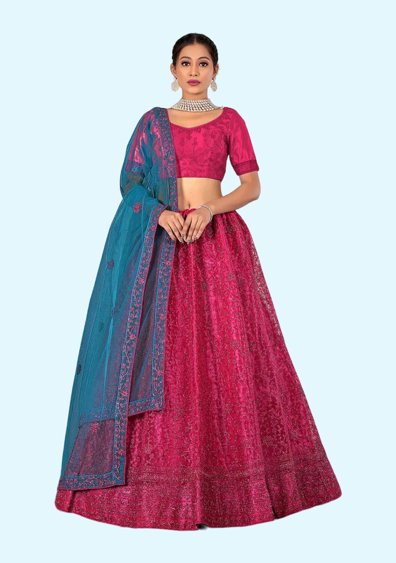 Rani Net Embroidery Work Lehenga Choli With Dupatta