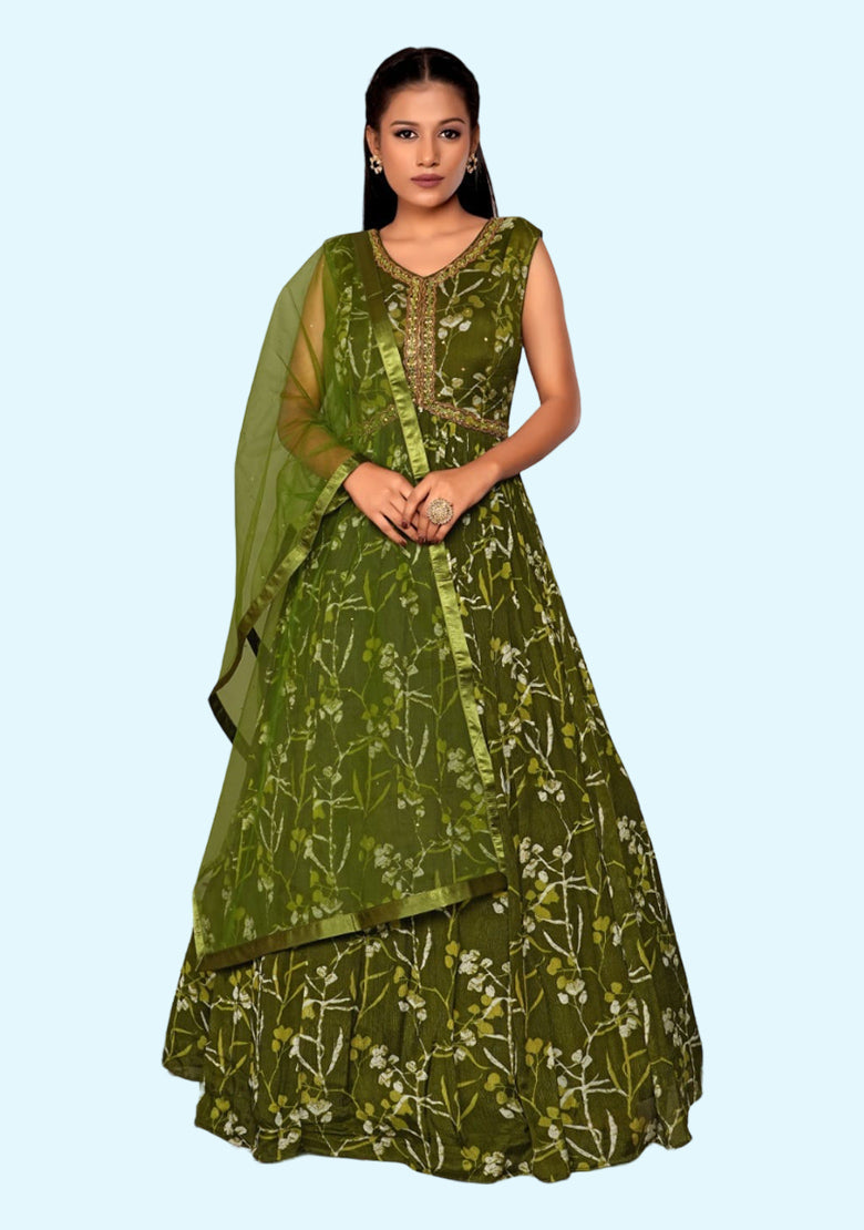 Latest New Mehendi Alia Cut Gown with Dupatta for Girls