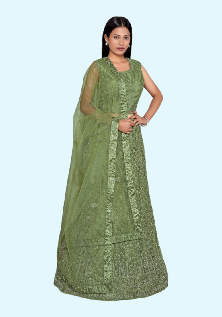 Embroidered Semi Stitched Lehenga Choli (Green)