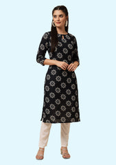 Women Printed Linen Blend Straight Kurta (Black, White)