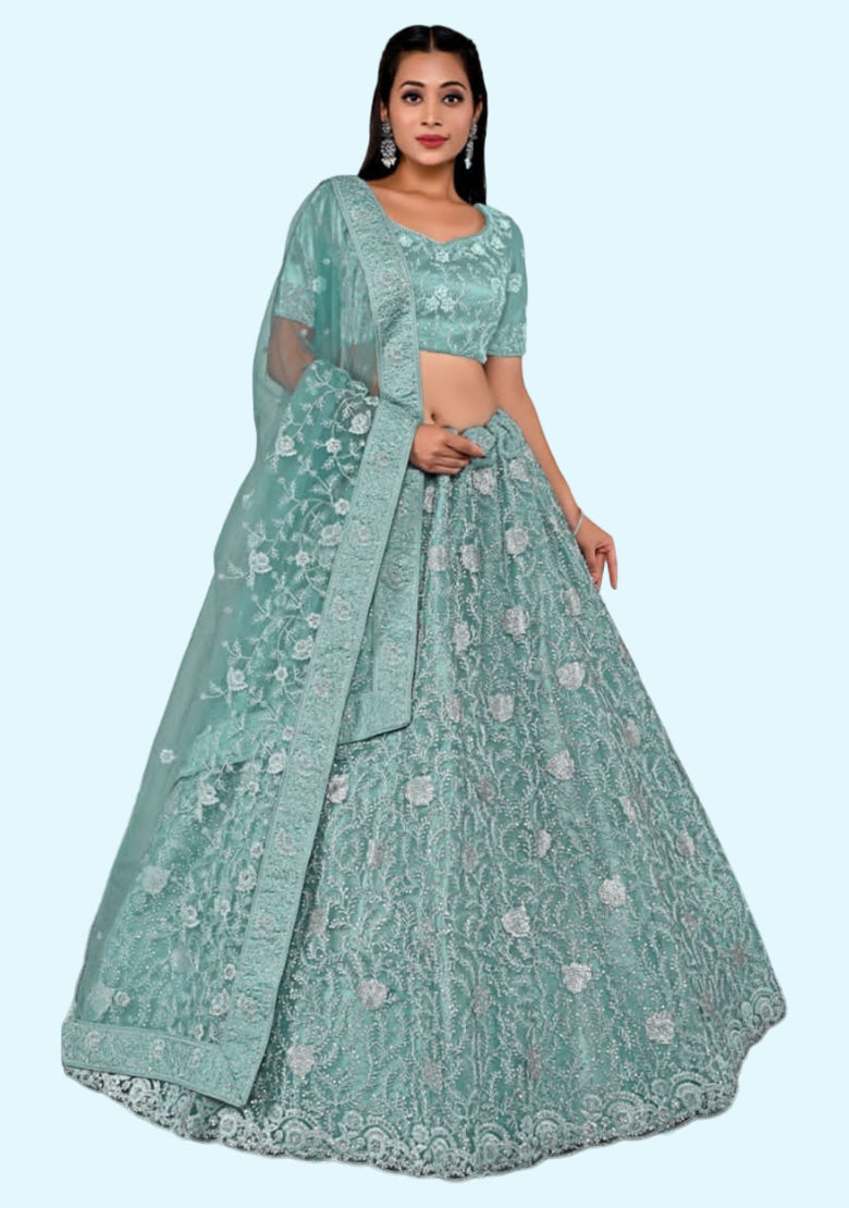 Women's Turquoise Blue Semi Stiched Embroidered Net Lehenga Choli