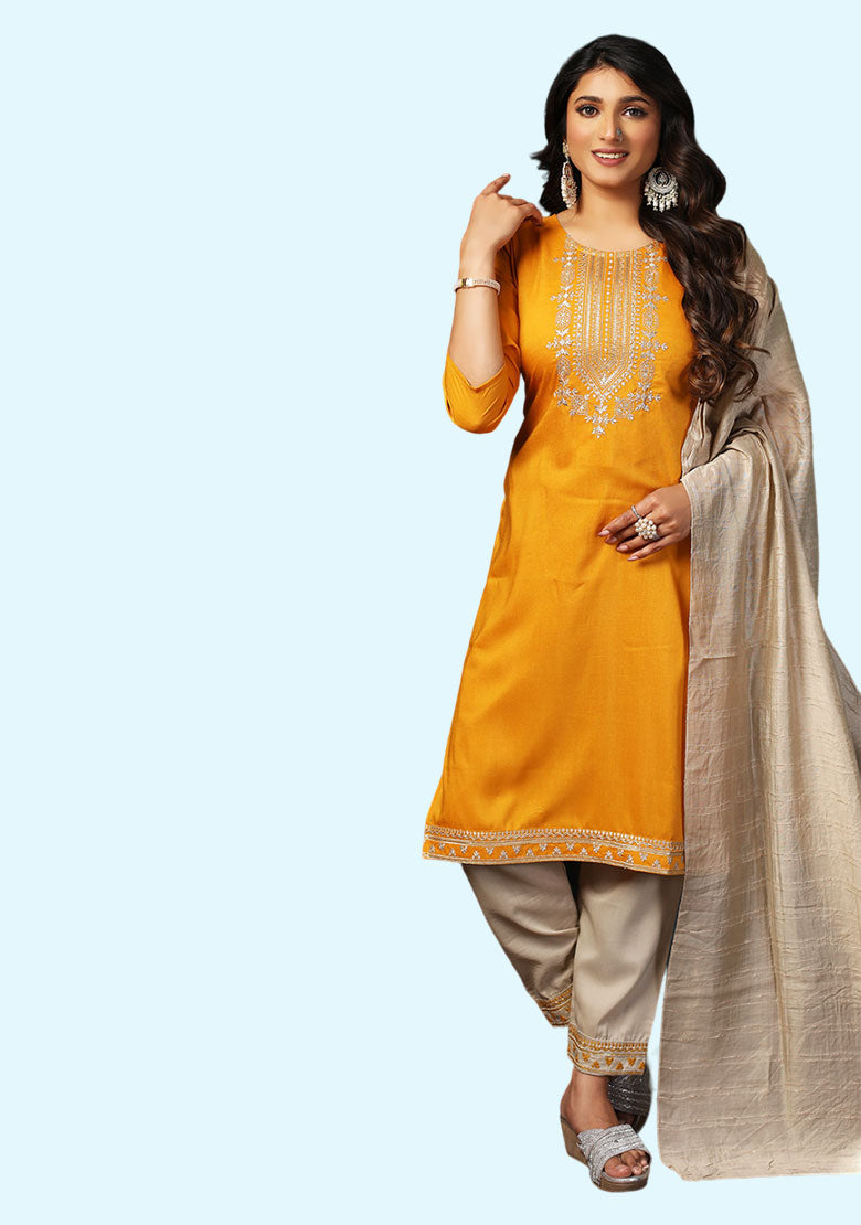 Women Embroidered Straight Kurta with Pants & Dupatta