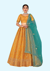 Musterd Net Embroidery Work Lehenga Choli With Dupatta