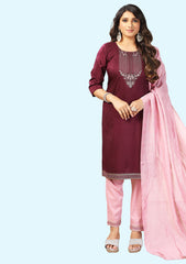 Chinon Embroidery Straight Kurta Pant With Dupatta Set