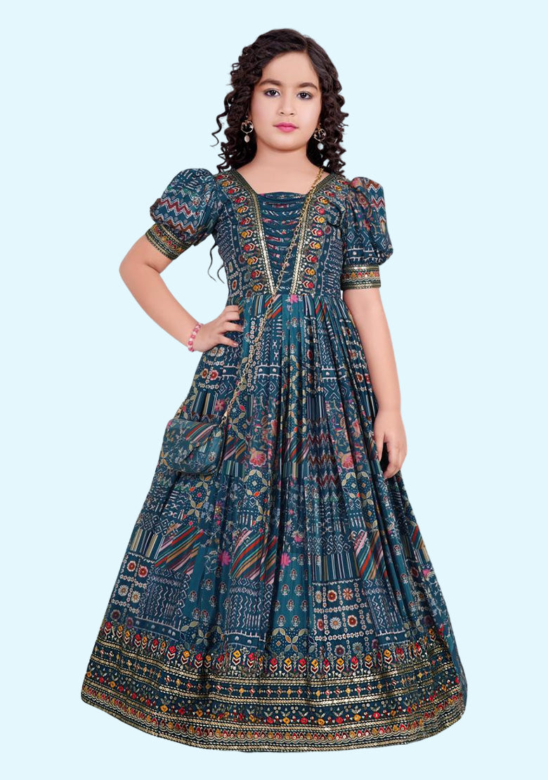 Dark Grey Printed Muslin Gown with Zari & Sequence Work