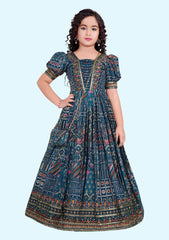 Dark Grey Printed Muslin Gown with Zari & Sequence Work