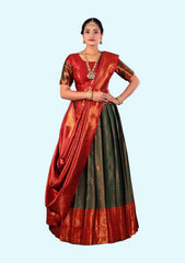 Red And Green Woven Design Semi-stitched Lehenga & Unstitched Blouse With Dupatta