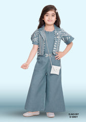 Girls Airforce Blue Shimmer Pleated Top And Pant Clothing Set D.no:187 D Grey