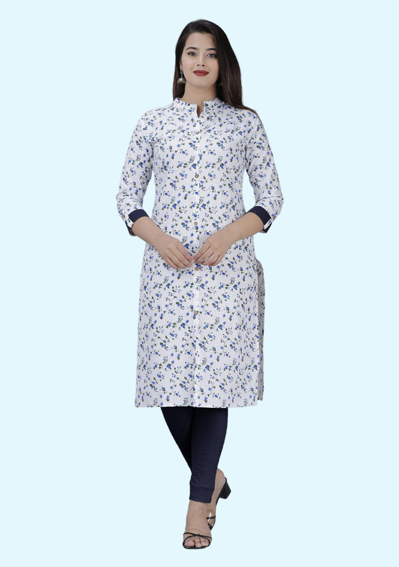 Women Printed, Embellished, Floral Print Cotton Blend A-line Kurta (Dark Blue)