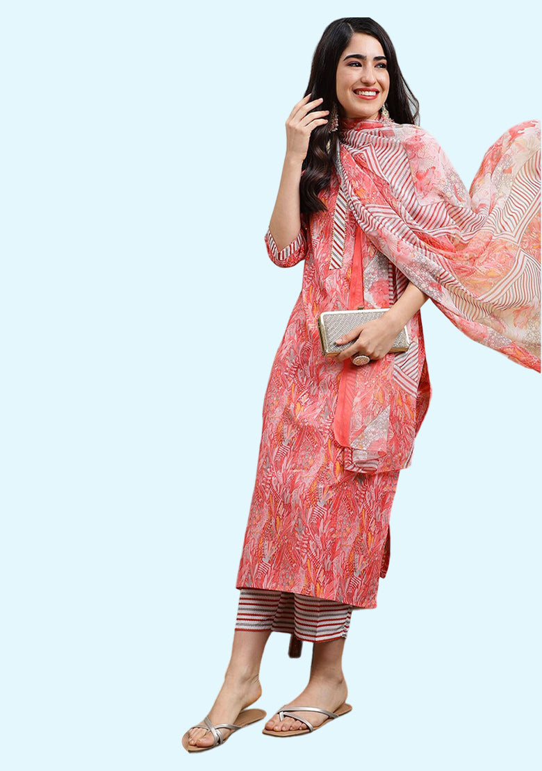 Women's Poly Cotton Printed Kurta Pant & Dupatta Set