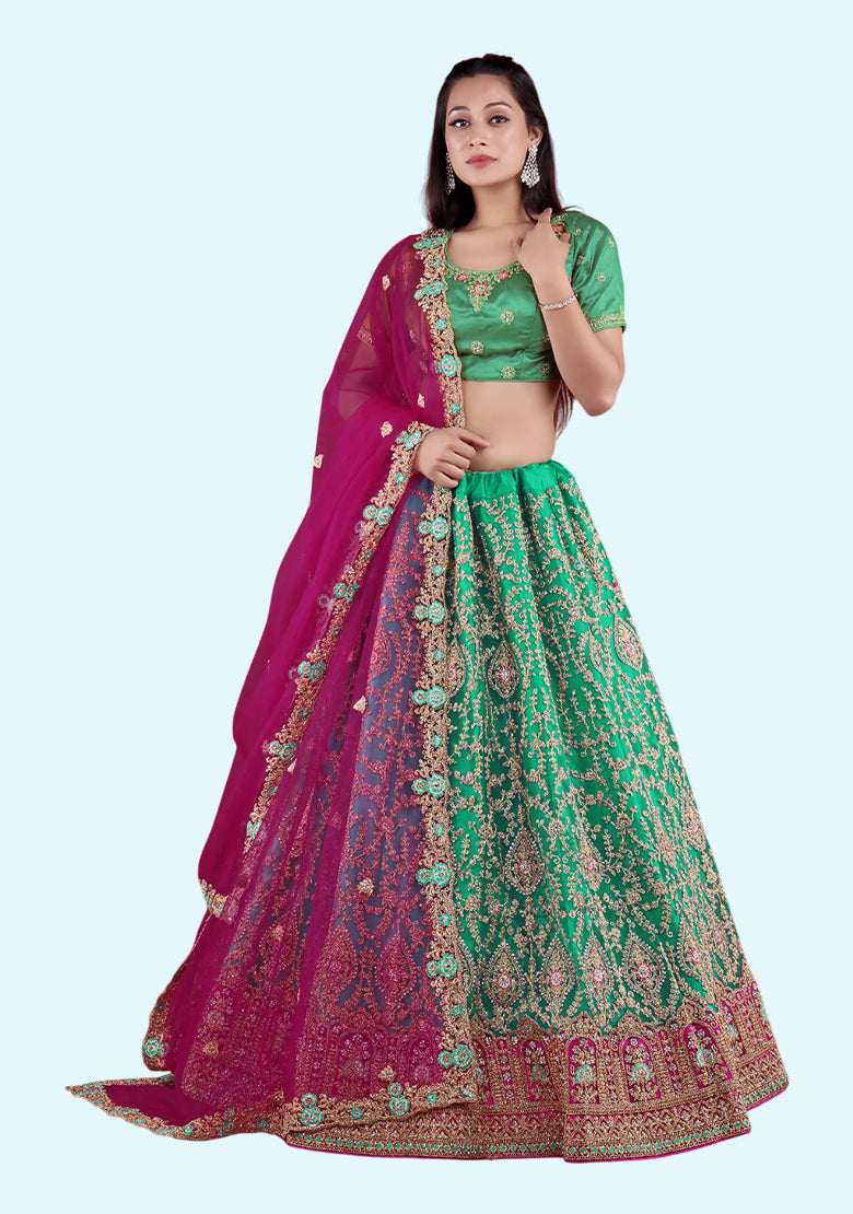 Green Net Embroidered Semi Stitched Lehenga With Unstitched Blouse