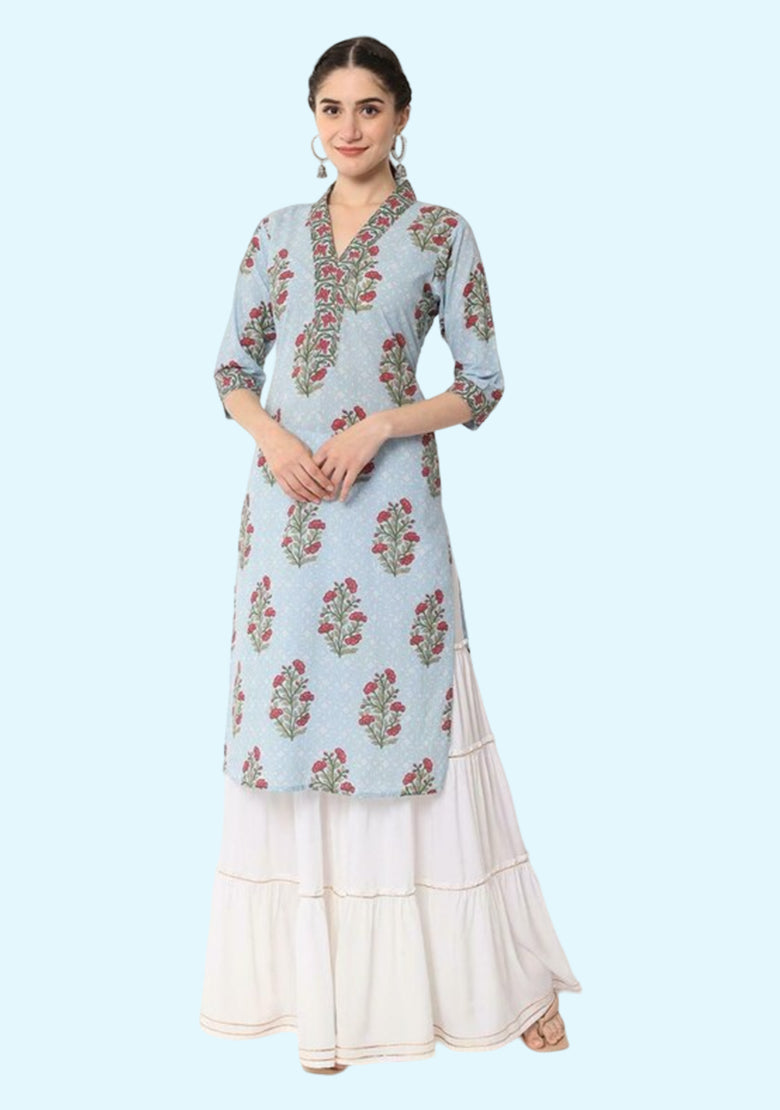 The Fab Factory Women Light Blue Printed Rayon Single Kurta