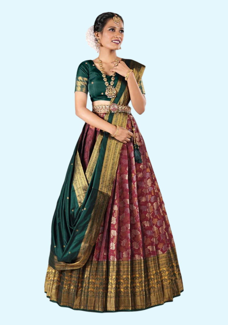 Maroon And Green New Semi Stitiched Banarasi Lehenga Choli