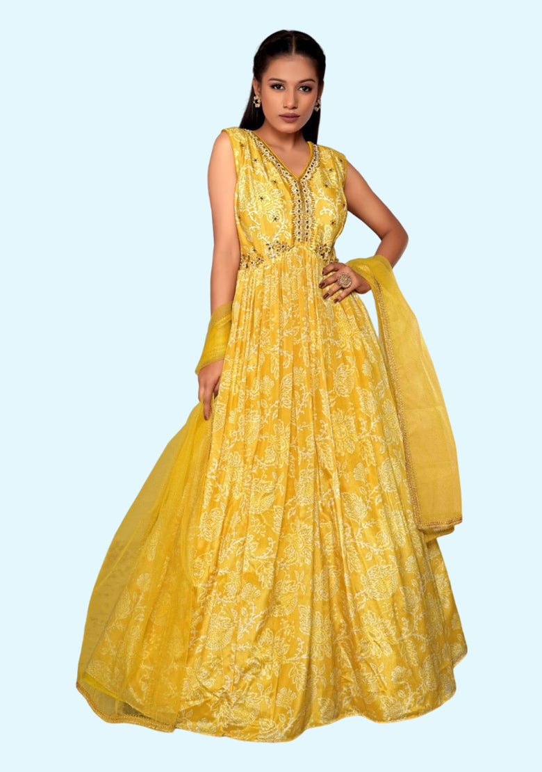 Latest New Yellow Alia Cut Gown with Dupatta for Girls