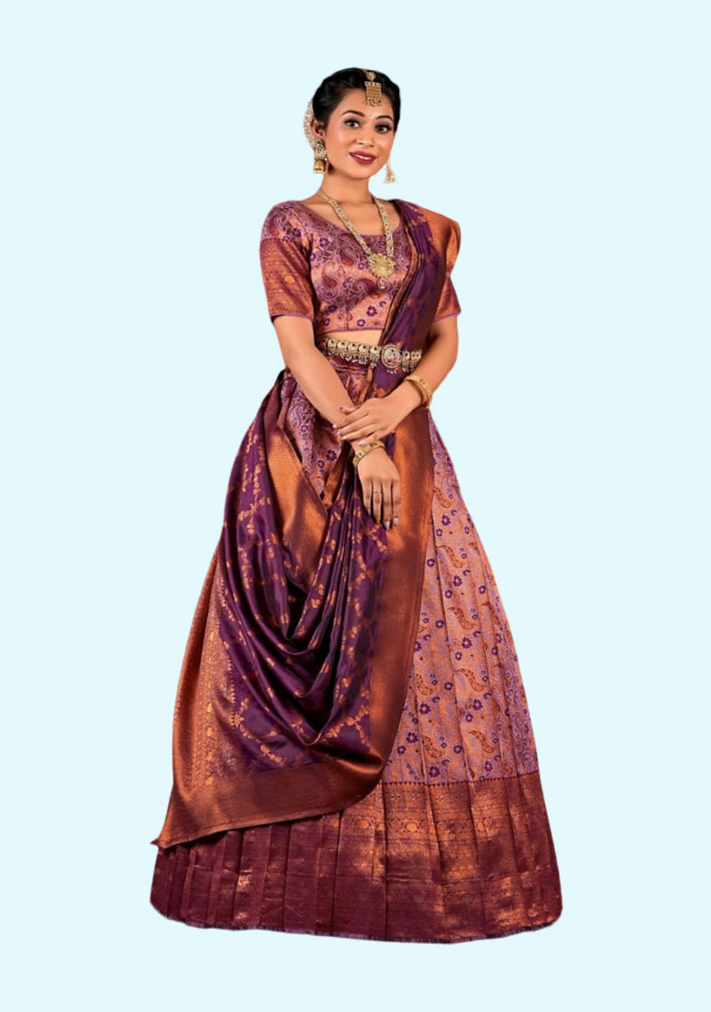 Light Purple Woven Design Semi-stitched Lehenga & Unstitched Blouse With Dupatta