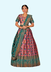 Green And Pink Woven Design Semi-stitched Lehenga & Unstitched Blouse With Dupatta